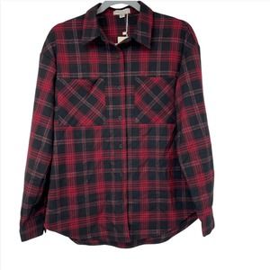 SEE U SOON RED & BLACK SHIMMERY PLAID LONG SLEEVE WITH POCKETS SIZE SMALL